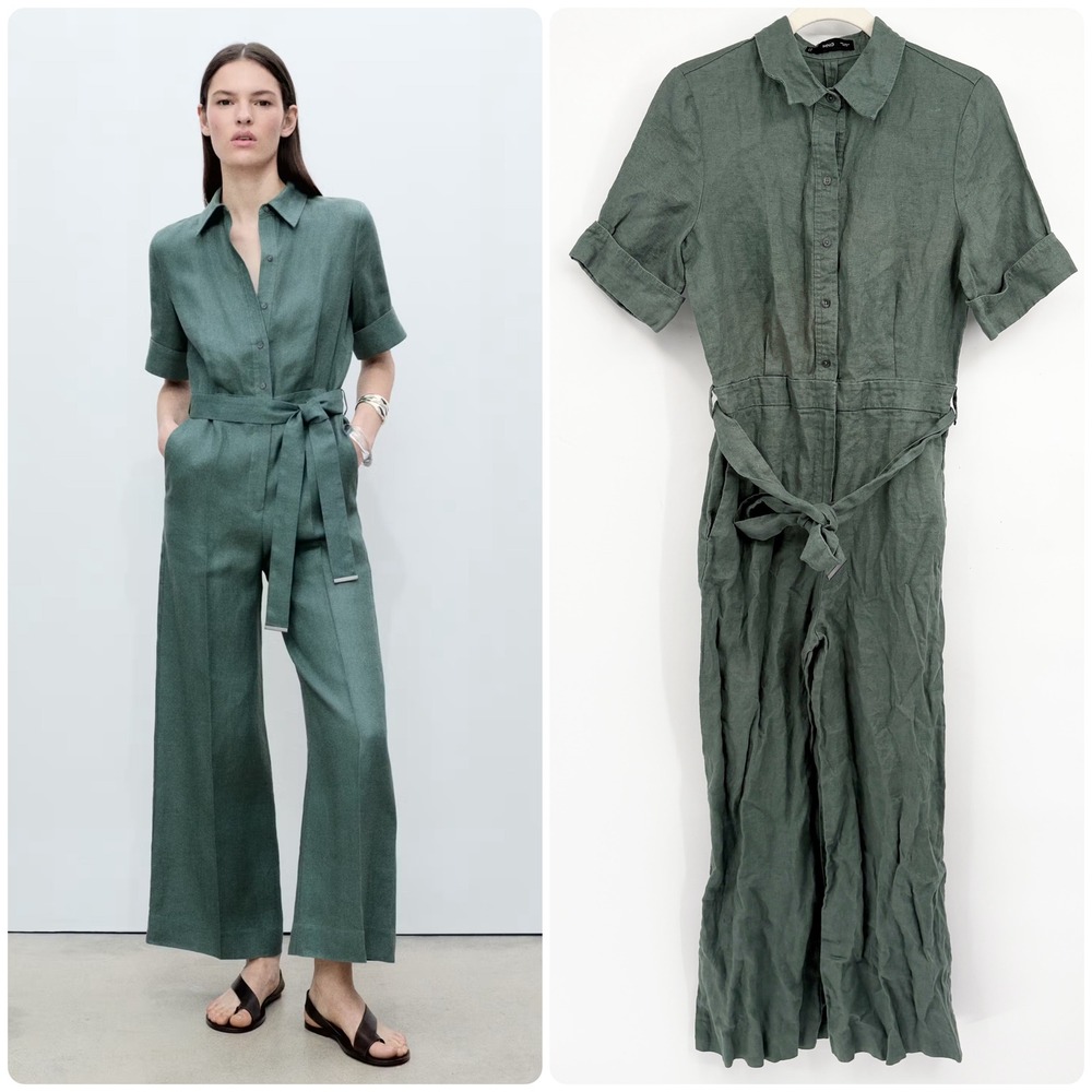Mango Womens‎ Green 100% Linen Natural Breathable Utility Wide Leg Jumpsuit M